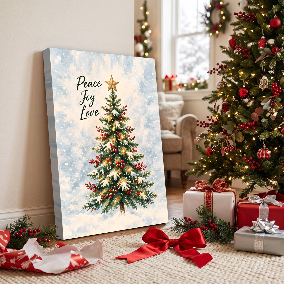 Peace Joy Love Christmas Canvas Wall Art – Watercolor Christmas Tree Holiday Decor, Vertical 8x12 16x24 24x36