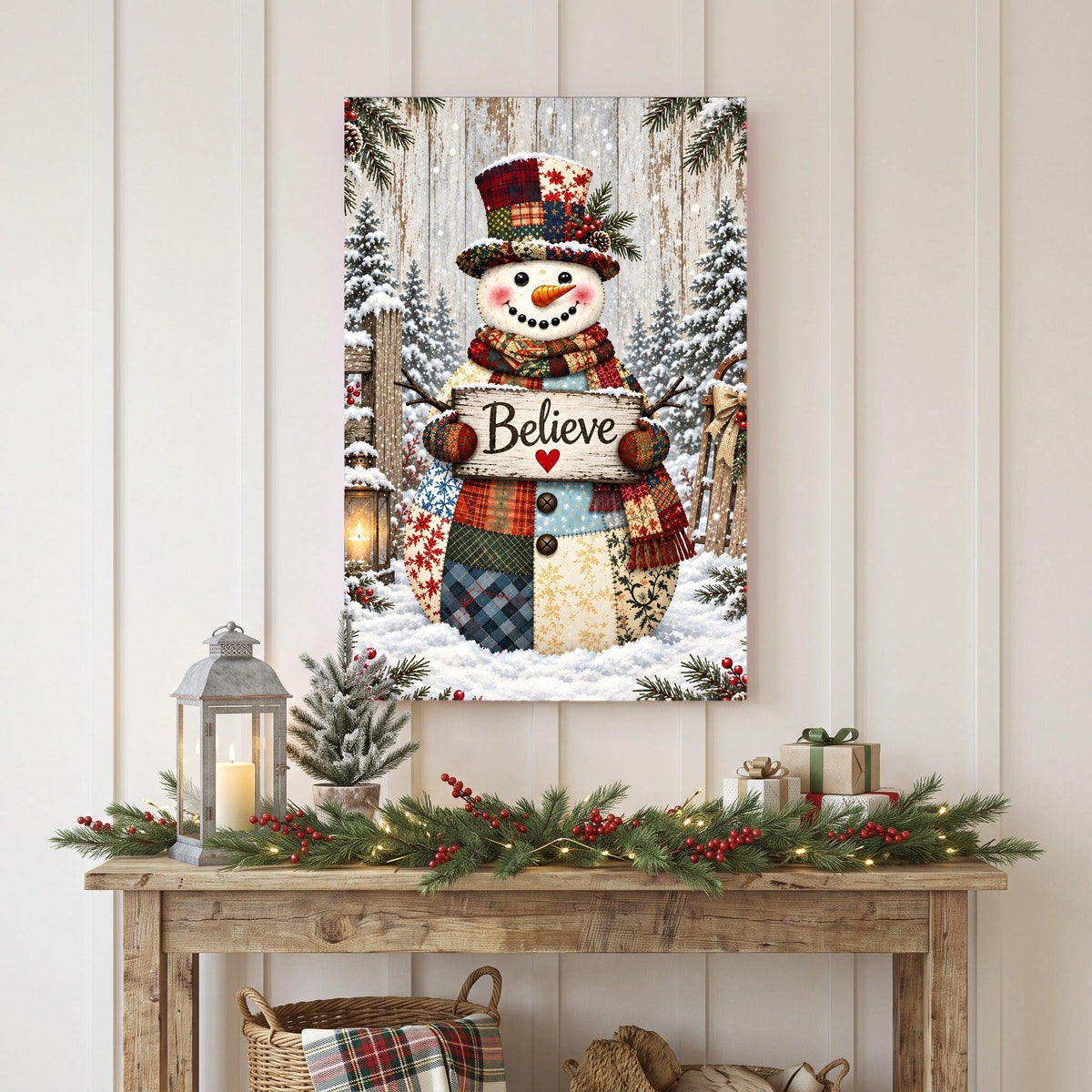 Patchwork Snowman Believe Canvas Wall Art – Rustic Christmas Decor, Vertical 8x12 16x24 24x36