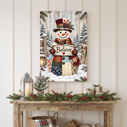 Patchwork Snowman Believe Canvas Wall Art – Rustic Christmas Decor, Vertical 8x12 16x24 24x36
