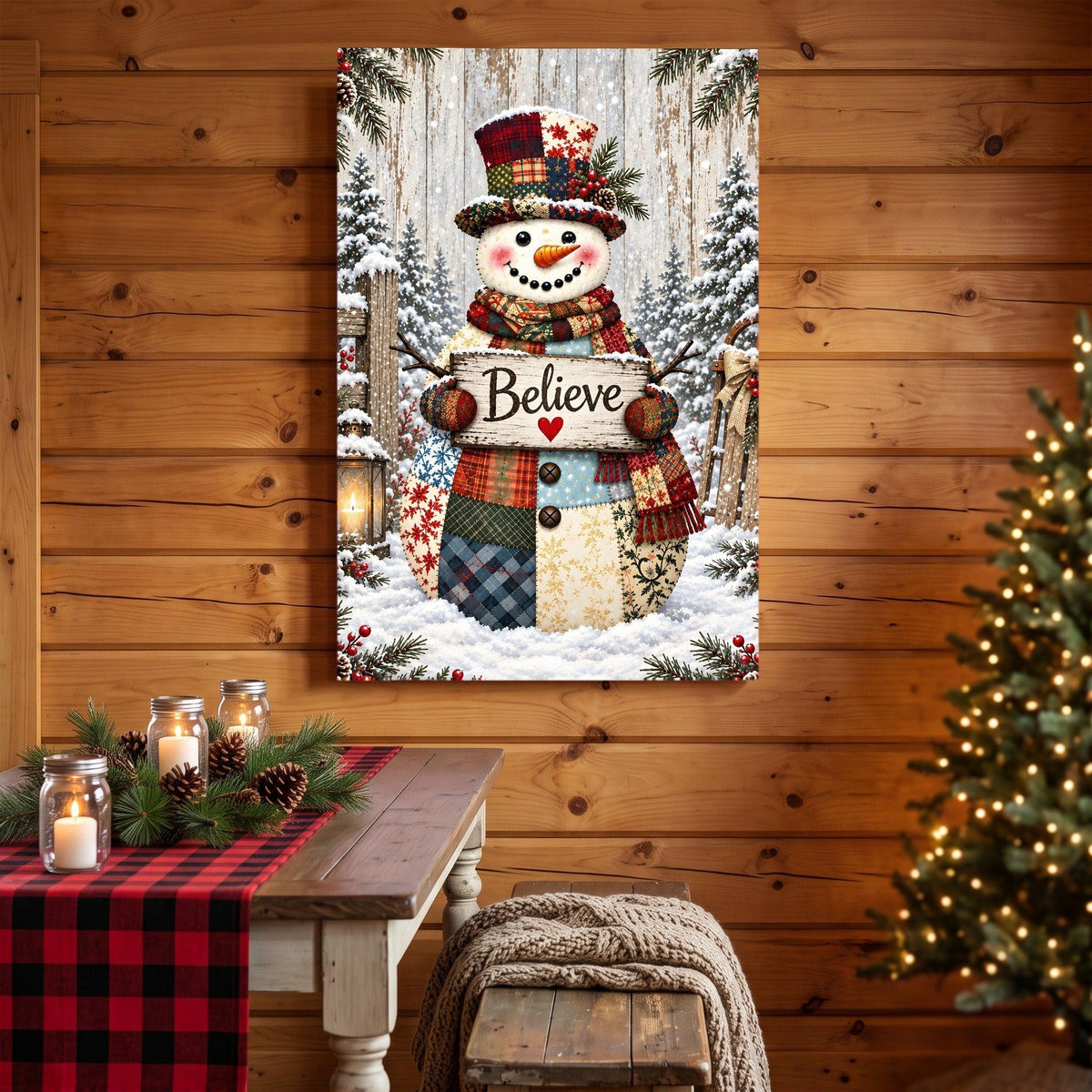 Patchwork Snowman Believe Canvas Wall Art – Rustic Christmas Decor, Vertical 8x12 16x24 24x36