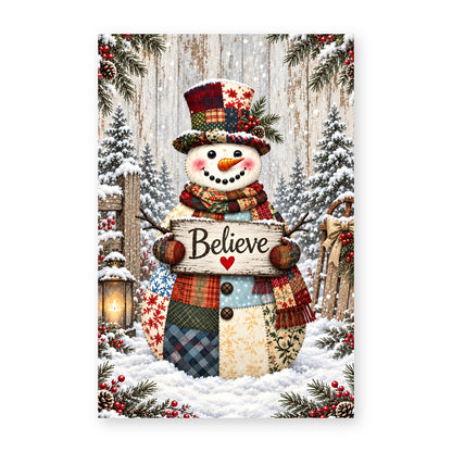 Patchwork Snowman Believe Canvas Wall Art – Rustic Christmas Decor, Vertical 8x12 16x24 24x36