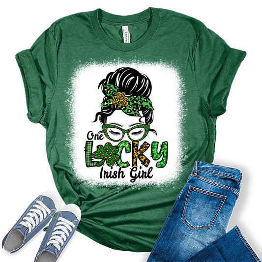 One Lucky Irish Girl T Shirt St Patricks Day Shirt Womens Bleach Print Graphic Tees