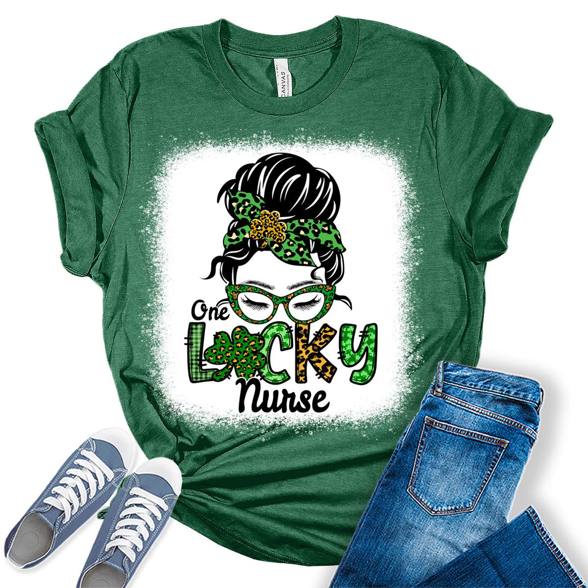 One Lucky Nurse T Shirt St Patricks Day Shirt Womens Bleach Print Graphic Tees