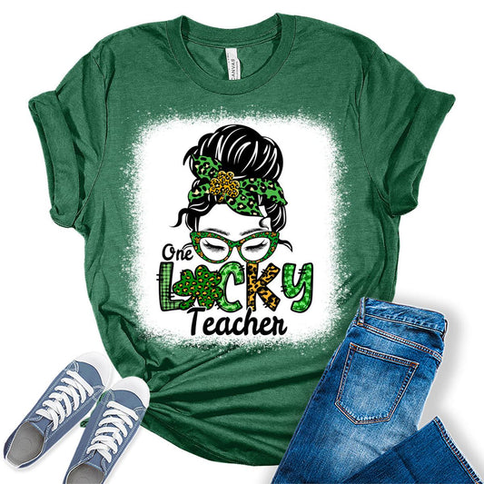 One Lucky Teacher T Shirt St Patricks Day Shirt Womens Bleach Print Graphic Tees