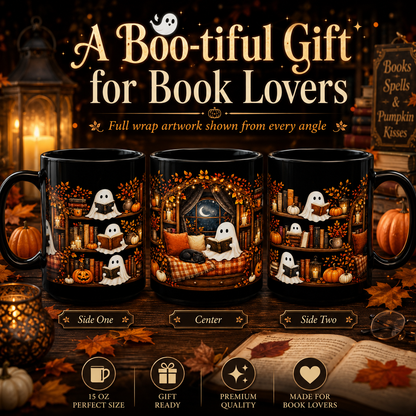 Ghost Reading Books Halloween Mug 15oz - Cozy Bookshelf Black Coffee Cup