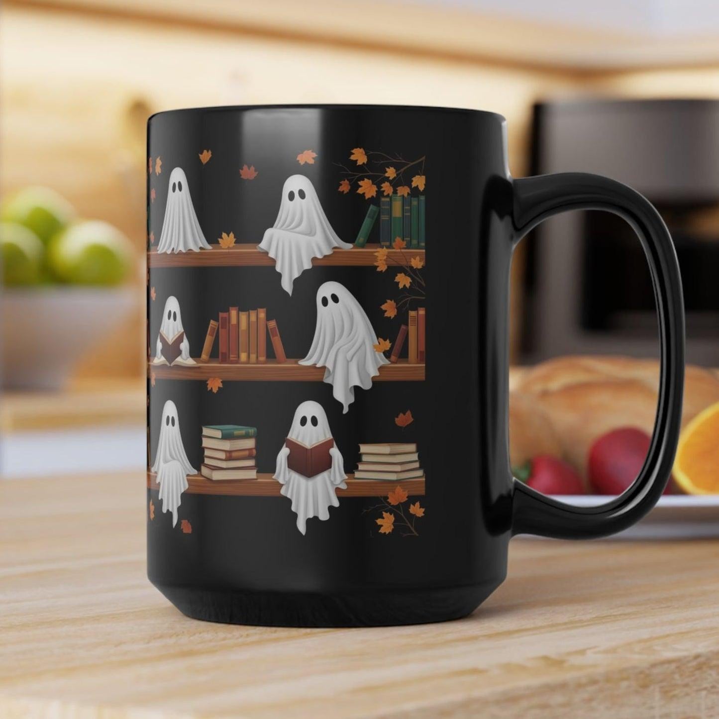 Cute Ghost Read Book Mug - Black Coffee Cup Ceramic Mug 15 Oz - Book Gifts For Women Lover - Inspirational Librarian Teacher Present For Halloween