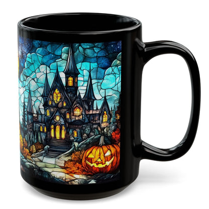 Stained Glass Halloween Pumpkin Scene Black Mug 15oz