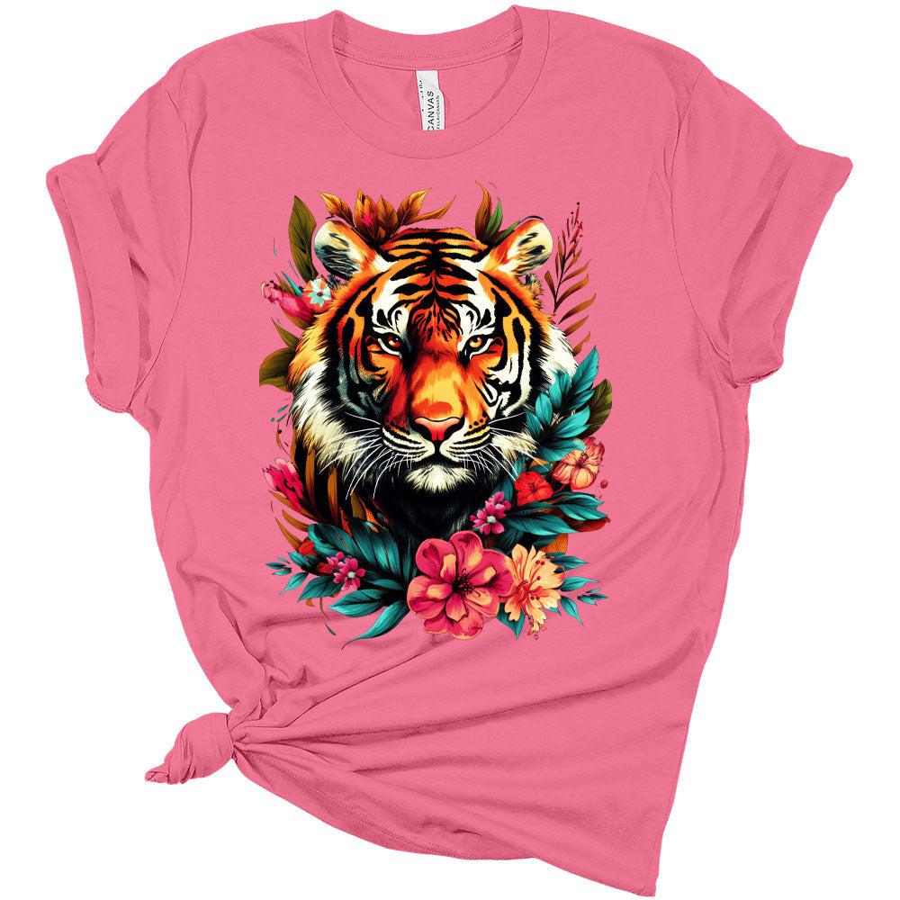 Womens Groovy Floral Tiger Shirts Cute T-Shirt Short Sleeve Tops Summer Crewneck Graphic Tee