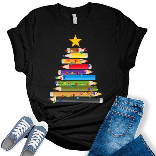 Pencil Christmas Tree Teacher Shirt For Women