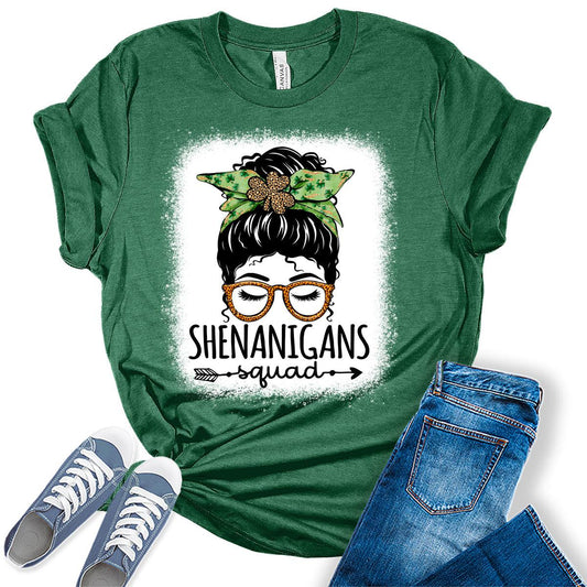 Shenanigans Squad Messy Bun Funny St Patricks Day Shirt For Women