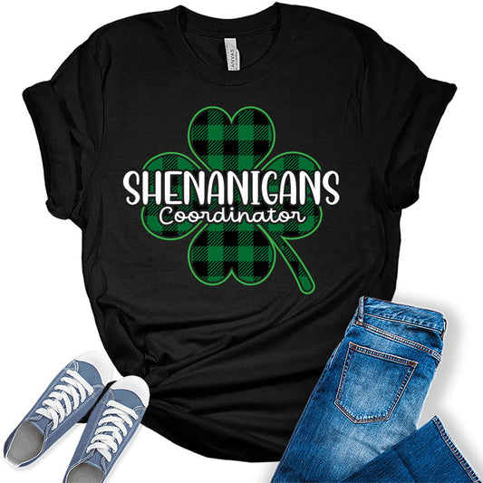 Shenanigans Coordinator St Patrick's Plaid Shamrock Shirt For Women