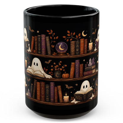 Funny Ghost Reading Books Halloween Mug 15oz - Spooky Bookshelf Coffee Cup