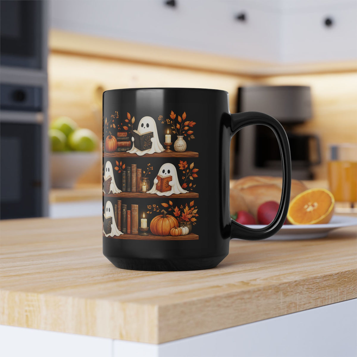 Cute Ghost Black Cat Bookshelf Halloween Mug 15oz - Spooky Fall Coffee Cup