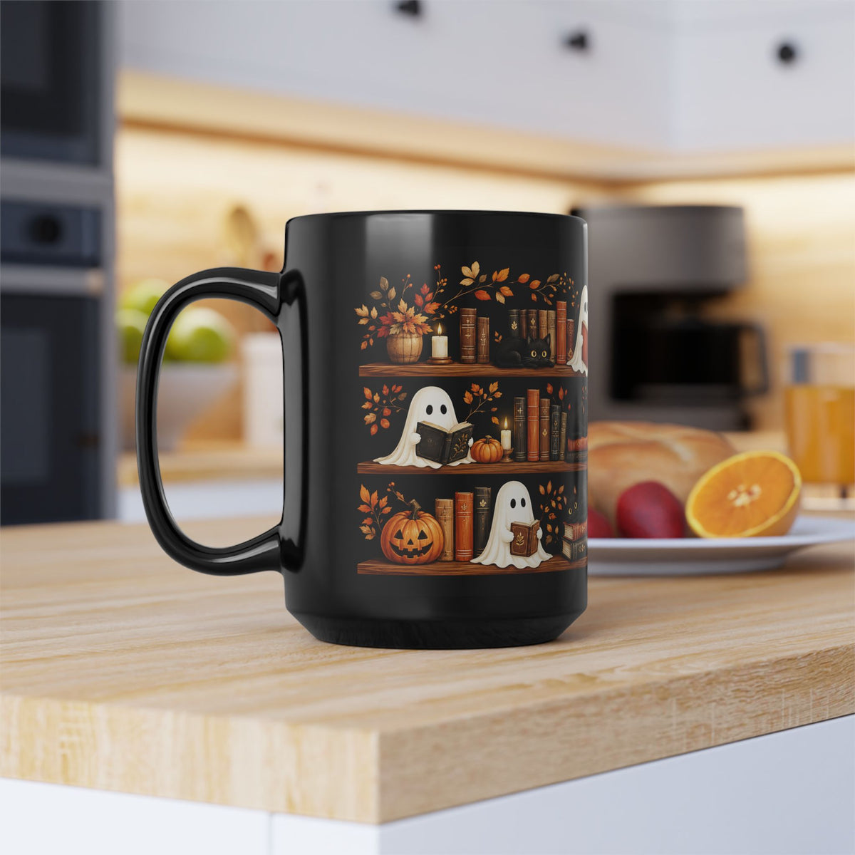 Cute Ghost Black Cat Bookshelf Halloween Mug 15oz - Spooky Fall Coffee Cup