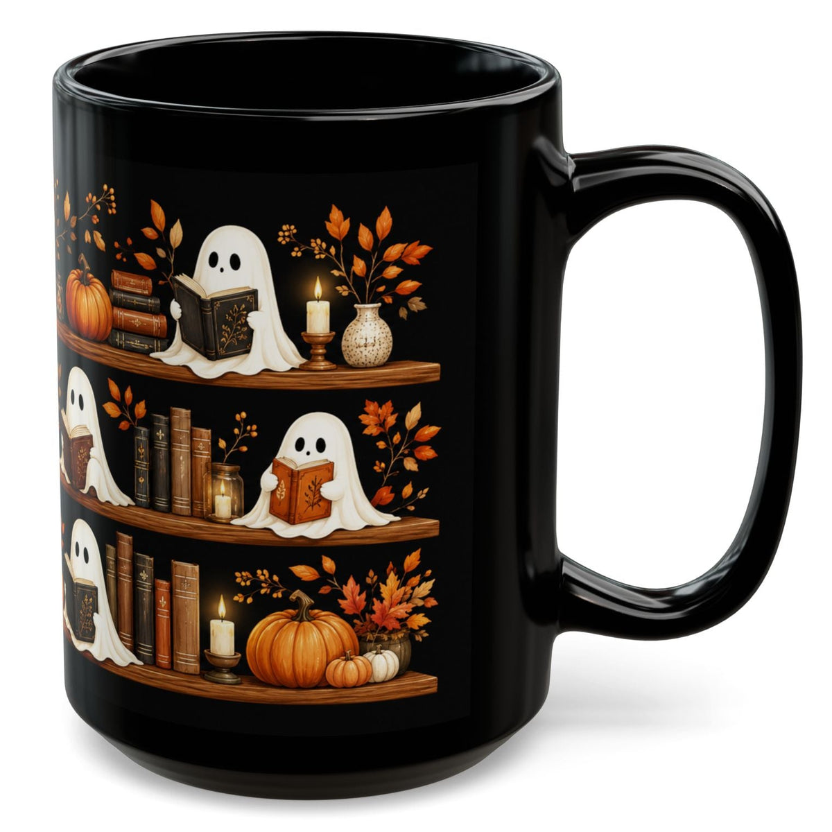 Cute Ghost Black Cat Bookshelf Halloween Mug 15oz - Spooky Fall Coffee Cup