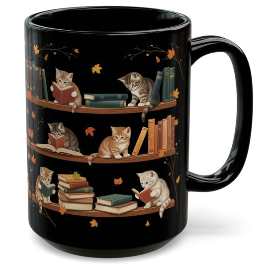 Cute Cats Read Book Mug - Black Coffee Cup Ceramic Mug 15 Oz - Book Gifts For Women Lover - Inspirational Librarian Teacher Present For Halloween
