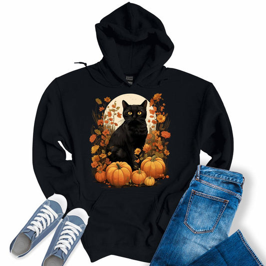 Cat Halloween Hoodies for Women Cute Floral Pumpkin Hooded Sweatshirt