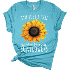 Womens Just A Girl Who Loves Sunflower Shirts Trendy Graphic Tees Short Sleeve T Shirts Vintage Tops