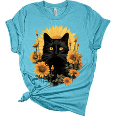 Womens Sunflower Cat Fall T-Shirt