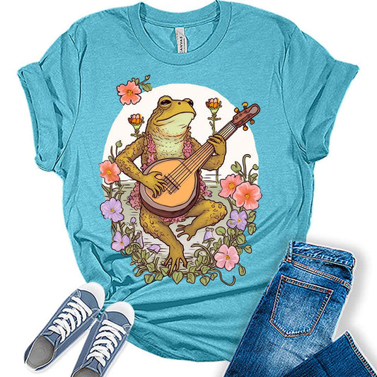 Womens Cottagecore Frog Playing Music Cute Floral Clothes Graphic Aesthetic T-Shirt