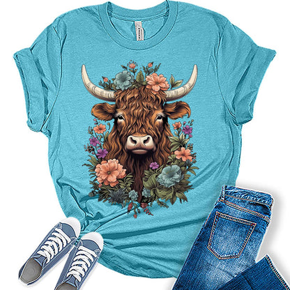 Womens Highland Cow Shirt Cute Cowgirl Tshirt Cattle Bella Graphic Tees Casual Short Sleeve Summer Tops