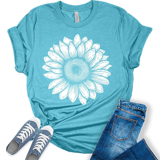 Women's Trendy Retro Sunflower Shirt Short Sleeve Floral Tshirt Casual Bella Graphic Tee Summer Top