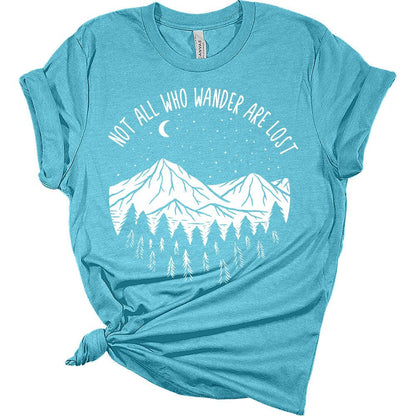 Womens Not All Who Wander are Lost Shirt Camping Nature Hiking Mountain Tops Short Sleeve Graphic Tees