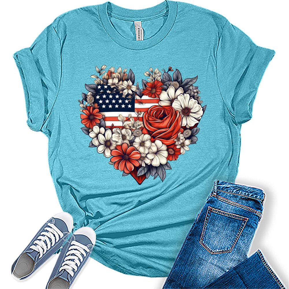 Womens 4th of July Shirts Patriotic American Flag Floral Heart Tshirts Bella Sunflower Short Sleeve Summer Graphic Tees