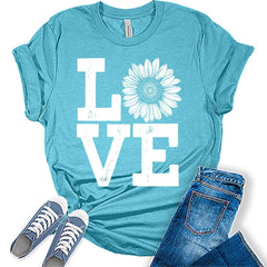 Womens Love Sunflower Shirt Casual Ladies Cute Graphic Tees Spring Short Sleeve Plus Size Summer Tops For Women