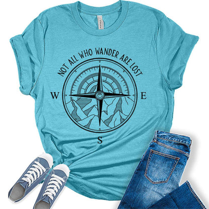 Womens Not All Who Wander are Lost T-Shirt Camping Hiking Tops Short Sleeve Regular Fit Graphic Tees