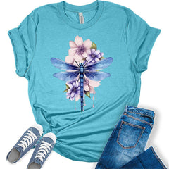 Women's Graphic Tees Casual Summer Dragonfly Shirt Watercolor Printed Short Sleeve Cute Casual Tops