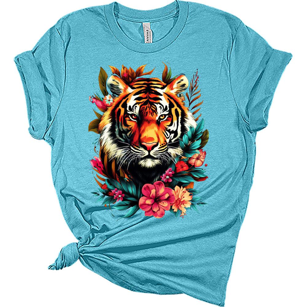 Womens Groovy Floral Tiger Shirts Cute T-Shirt Short Sleeve Tops Summer Crewneck Graphic Tee