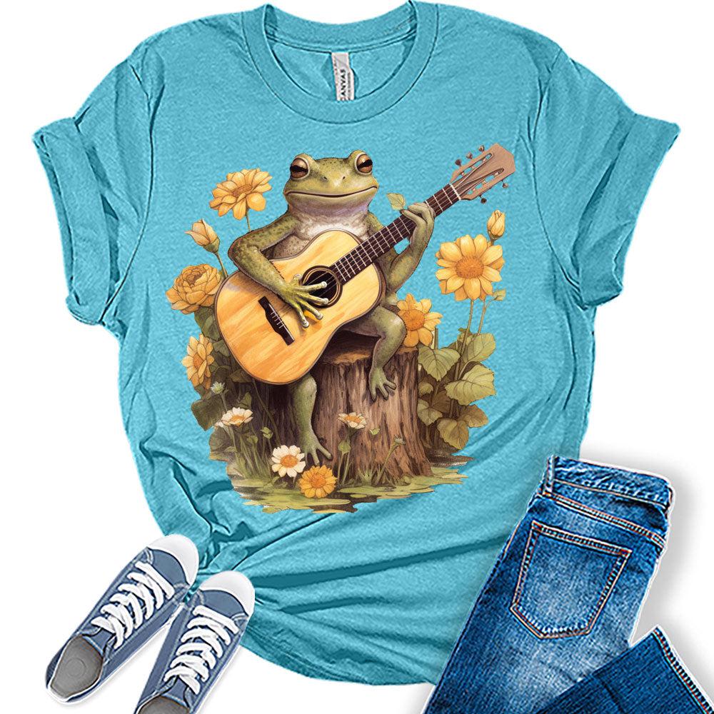 Frog Playing Guitar Floral Shirt Cottagecore Aesthetic T-Shirt
