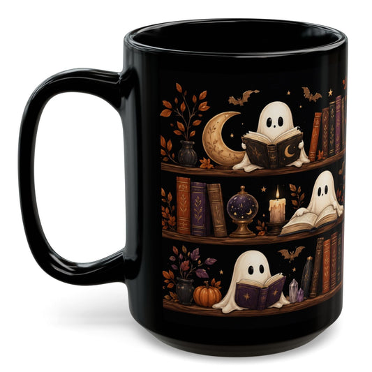 Funny Ghost Reading Books Halloween Mug 15oz - Spooky Bookshelf Coffee Cup