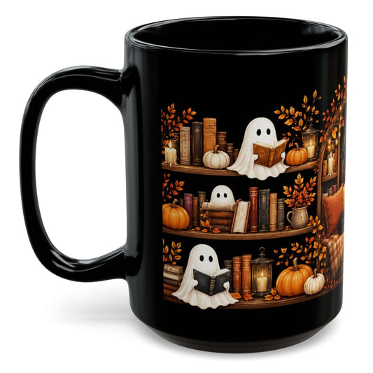 Ghost Reading Books Halloween Mug 15oz - Cozy Bookshelf Black Coffee Cup