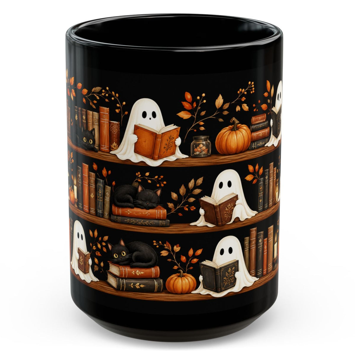 Cute Ghost Black Cat Bookshelf Halloween Mug 15oz - Spooky Fall Coffee Cup