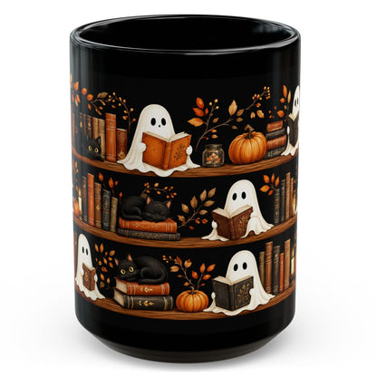 Cute Ghost Black Cat Bookshelf Halloween Mug 15oz - Spooky Fall Coffee Cup