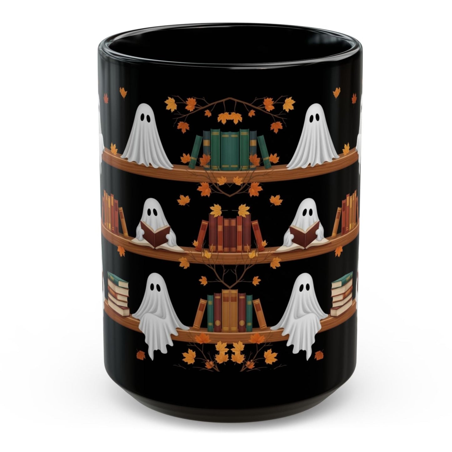 Cute Ghost Read Book Mug - Black Coffee Cup Ceramic Mug 15 Oz - Book Gifts For Women Lover - Inspirational Librarian Teacher Present For Halloween