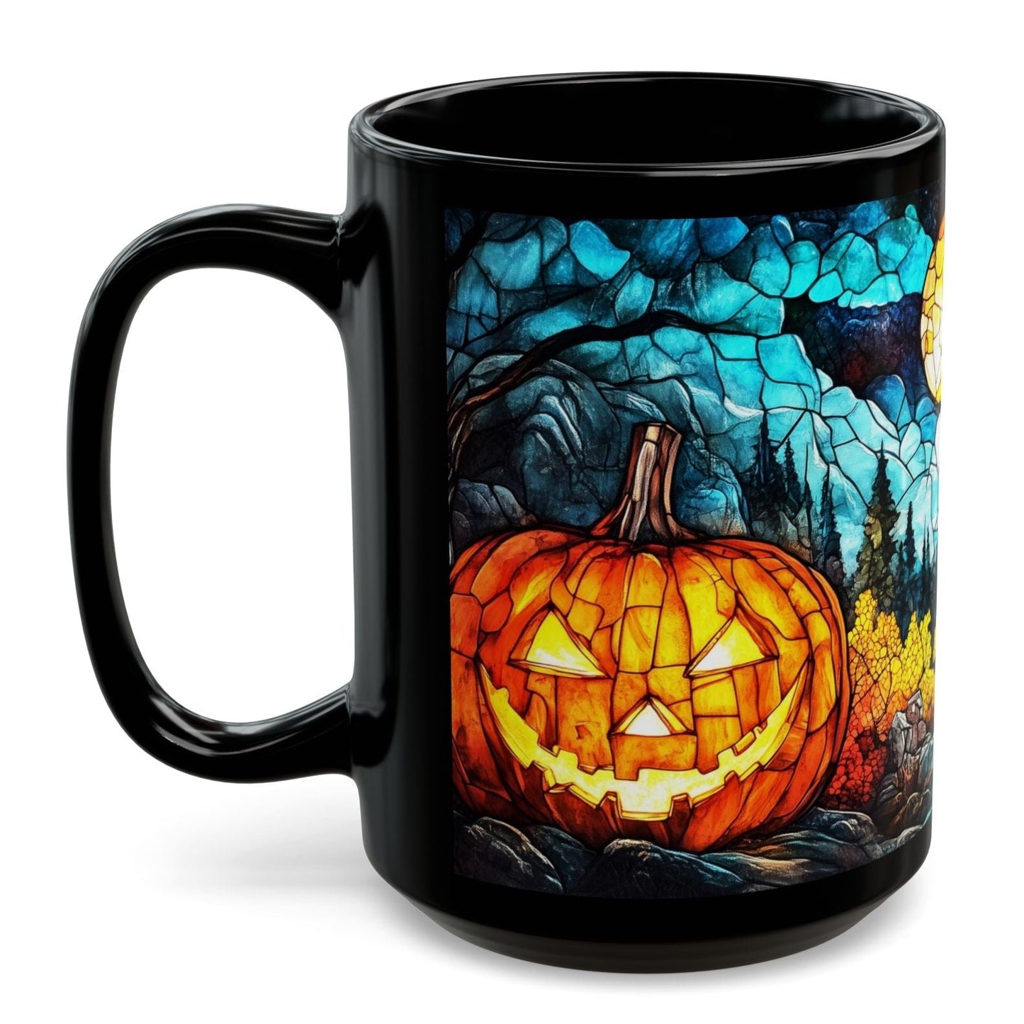 Stained Glass Halloween Pumpkin Scene Black Mug 15oz