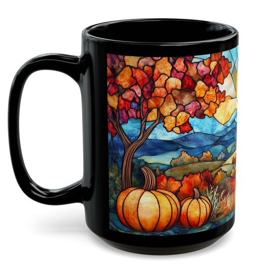 Stained Glass Cottagecore Floral Pumpkin Patch Scene 15oz Black Mug