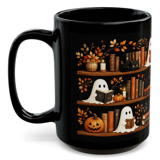 Cute Ghost Black Cat Bookshelf Halloween Mug 15oz - Spooky Fall Coffee Cup