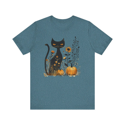 Cat Pumpkin Shirt Boho Halloween Short Sleeve Fall Plus Size Tops For Women - PF