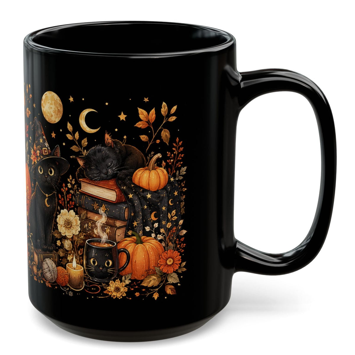Black Cat Pumpkin Halloween Mug 15oz - Cute Witchy Fall Coffee Cup Gift