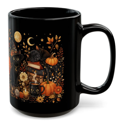 Black Cat Pumpkin Halloween Mug 15oz - Cute Witchy Fall Coffee Cup Gift
