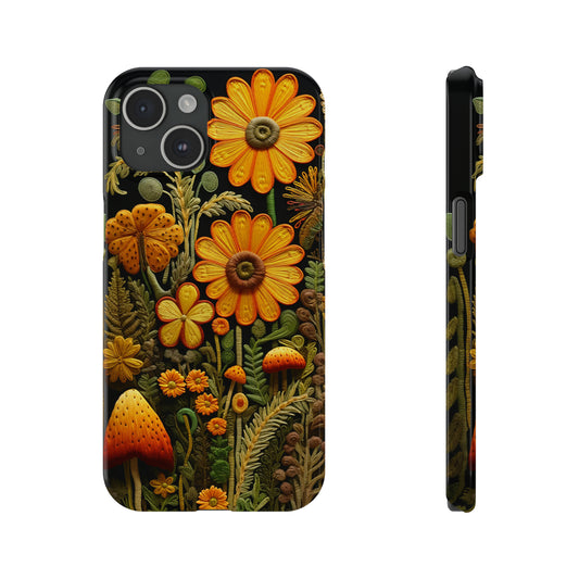 Sunflower Cottagecore Mushroom Embroidered Print Effect Phone Case Slim iPhone Cases