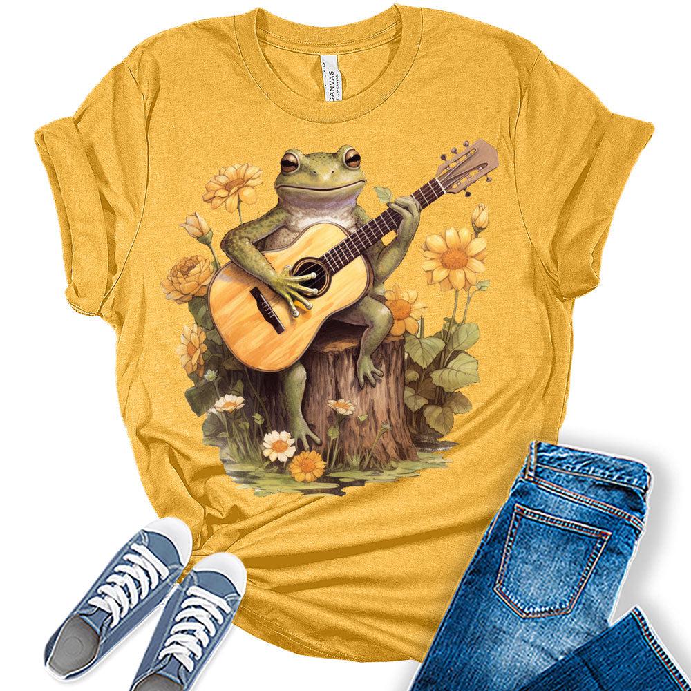 Frog Playing Guitar Floral Shirt Cottagecore Aesthetic T-Shirt