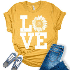 Womens Love Sunflower Shirt Casual Ladies Cute Graphic Tees Spring Short Sleeve Plus Size Summer Tops For Women