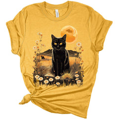 Womens Black Cat Floral Scene T Shirt