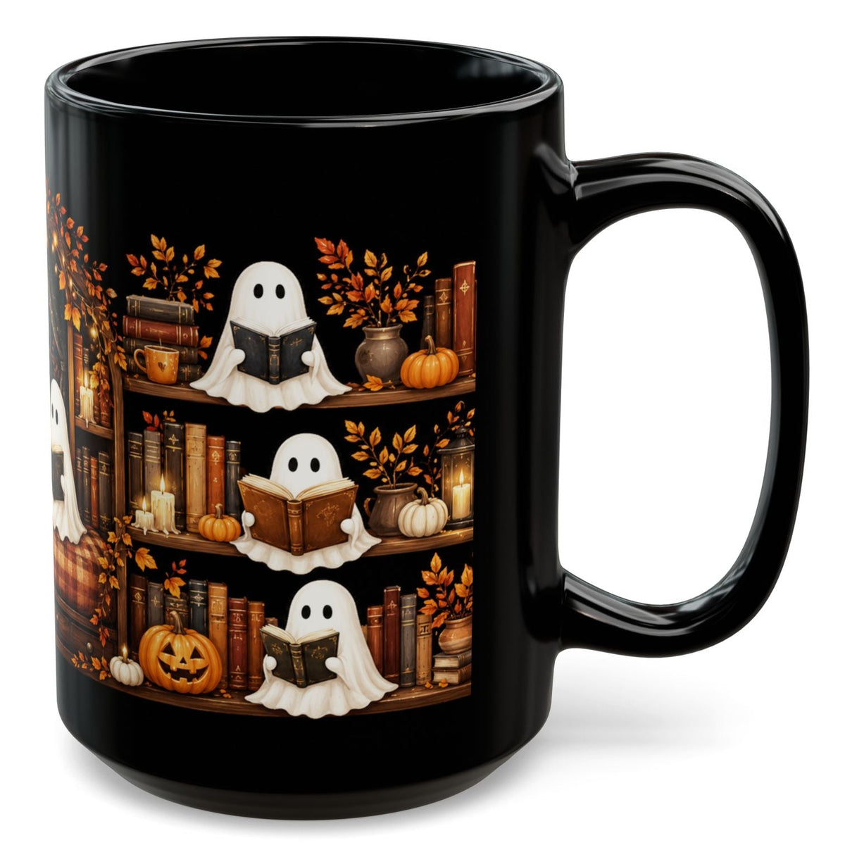 Ghost Reading Books Halloween Mug 15oz - Cozy Bookshelf Black Coffee Cup