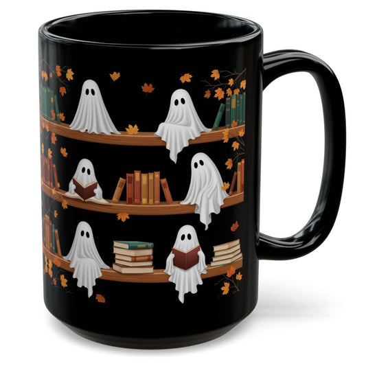 Cute Ghost Read Book Mug - Black Coffee Cup Ceramic Mug 15 Oz - Book Gifts For Women Lover - Inspirational Librarian Teacher Present For Halloween